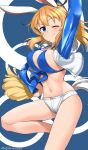 1girl absurdres animal_ears bikini blue_bikini blue_eyes blush bouncing_breasts breasts charlotte_e._yeager cheerleader cleavage closed_mouth collarbone eyebrows_visible_through_hair highres hiroshi_(hunter-of-kct) large_breasts long_hair looking_at_viewer one_eye_closed orange_hair pom_pom_(cheerleading) rabbit_ears rabbit_tail shiny shiny_hair shiny_skin shirt shorts smile solo strike_witches swimsuit tail white_shirt world_witches_series 