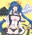  1girl :d angel_wings asymmetrical_wings black_panties black_wings blue_hair bow breasts buttons chemaru_(a8l) cleavage cowboy_shot detached_collar dizzy_(guilty_gear) eyebrows_visible_through_hair groin guilty_gear guilty_gear_xrd large_breasts long_hair looking_up mini_wings monster_girl navel open_mouth panties red_eyes simple_background smile solo standing tail tail_bow tail_ornament twintails underwear very_long_hair white_wings wings yellow_background yellow_bow 