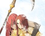  2girls armor breastplate cape carrying cleanrot_knight_finlay closed_mouth elden_ring helmet highres long_hair malenia_blade_of_miquella multiple_girls parted_lips pauldrons plate_armor red_hair shindol shoulder_armor simple_background smile snow very_long_hair weapon yellow_eyes yuri 