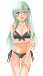  1girl absurdres aqua_hair bikini black_bikini breasts cleavage commentary_request cowboy_shot front-tie_top green_eyes hair_ornament hairclip hand_on_own_thigh highres kantai_collection large_breasts long_hair maonatten open_mouth round_teeth side-tie_bikini simple_background smile solo standing suzuya_(kancolle) swimsuit teeth thigh_gap upper_teeth wet wet_clothes wet_swimsuit white_background 