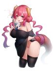  1girl absurdres bangs between_breasts black_legwear black_shirt breasts cropped_legs cum cum_on_body curled_horns dildo dragon_girl dragon_horns dragon_tail fellatio hand_up highres holding holding_dildo horns huge_dildo iku!_iku!! ilulu_(maidragon) kobayashi-san_chi_no_maidragon large_breasts licking licking_dildo long_hair looking_at_viewer low_twintails no_bra no_panties off-shoulder_shirt off_shoulder oral pink_eyes pink_hair pointy_ears pussy red_nails see-through sex_toy shirt simple_background simulated_fellatio solo tail thighhighs twintails white_background yellow_horns 