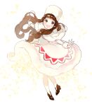  1girl ancotaku blush brown_eyes brown_hair capelet cocoa_cookie cookie_run dress full_body gloves humanization long_hair long_sleeves looking_at_viewer no_socks open_mouth pantyhose personification smile solo sparkle 