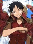  1boy 4myaku1 black_eyes black_hair coat coat_on_shoulders grin hand_up hat hat_removed headwear_removed highres male_focus monkey_d._luffy one_piece outdoors pirate_costume scar scar_on_face sky smile solo 