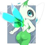  2022 antennae_(anatomy) anthro blue_eyes blush breasts butt celebi clothed clothing dipstick_hair dress elemental_creature female flora_fauna glistening glistening_butt guide_lines hand_on_hip hi_res legendary_pok&eacute;mon looking_at_viewer looking_back marutokke nintendo open-back_dress plant pok&eacute;mon pok&eacute;mon_(species) portrait rear_view simple_background solo three-quarter_portrait tight_clothing video_games wings 
