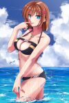  1girl blue_eyes blush breasts brown_hair cleavage cleavage_cutout clothing_cutout day hair_ornament looking_at_viewer lyrical_nanoha mahou_shoujo_lyrical_nanoha_strikers medium_breasts navel ocean outdoors shiny shiny_hair shiny_skin short_hair smile solo sougetsu_izuki swimsuit tongue tongue_out water wet x_hair_ornament yagami_hayate 