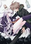  1boy 1girl absurdres ahoge bangs black_gloves black_jacket black_pants boots bottle brown_hair brown_necktie collared_shirt danganronpa:_trigger_happy_havoc danganronpa_(series) food gloves green_jacket grey_hair highres hood hood_down jacket kirigiri_kyouko knee_boots long_hair long_sleeves looking_at_another lower_teeth naegi_makoto necktie noodles open_mouth pants pink_eyes profile purple_footwear ramen shiny shiny_hair shirt simple_background sweatdrop teeth tongue translation_request trash_bag ttegi_(ddeck_dg) upper_teeth white_shirt 