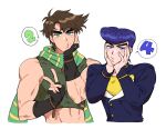  2boys abs bare_shoulders battle_tendency biceps blue_eyes blue_hair blush brown_hair crop_top diamond_wa_kudakenai father_and_son fingerless_gloves gakuran gloves green_eyes green_scarf hands_on_own_cheeks hands_on_own_face higashikata_josuke jojo_no_kimyou_na_bouken joseph_joestar joseph_joestar_(young) male_focus midriff mubebe_0p multicolored_clothes multicolored_scarf multiple_boys o3o pompadour pouty_lips scarf school_uniform striped striped_scarf time_paradox v vertical-striped_scarf vertical_stripes yellow_scarf 