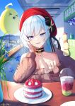 1girl :d absurdres aquilar aran_sweater azur_lane bangs bare_shoulders belfast_(azur_lane) belfast_(shopping_with_the_head_maid)_(azur_lane) beret black_bow black_choker blue_eyes blue_sky bow breasts brown_sweater cake choker cleavage commentary cup disposable_cup earrings eyebrows_visible_through_hair food fruit hand_up hat hat_bow highres hoop_earrings index_finger_raised jewelry long_hair long_sleeves looking_at_viewer manjuu_(azur_lane) off-shoulder_sweater off_shoulder official_alternate_costume open_mouth outdoors red_headwear sky smile solo strawberry sweater upper_body white_hair 