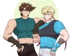  2boys abs arm_on_shoulder bare_shoulders battle_tendency blonde_hair broad_shoulders brown_hair caesar_anthonio_zeppeli chest_protector crop_top facial_mark feather_hair_ornament feathers fingerless_gloves gloves green_eyes grin hair_ornament headband highres jojo_no_kimyou_na_bouken joseph_joestar joseph_joestar_(young) male_focus midriff mubebe_0p multiple_boys muscular muscular_male narrow_waist smile 