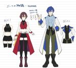  1boy 1girl alternate_costume blue_eyes blue_hair brown_eyes brown_hair character_sheet coat hand_up highres kaito_(vocaloid) long_sleeves meiko midriff scarf short_hair shorts sleeveless smile vocaloid wrist_cuffs xxxxxxxxxlr 