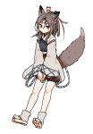  1girl :o animal_ears fox_ears fox_tail hachimaki hakama hakama_shorts headband high_ponytail highres hinata_hibari japanese_clothes kantai_collection light_brown_hair looking_at_viewer muneate ponytail sandals shorts solo tail white_background zuihou_(kancolle) 