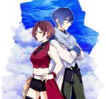  1boy 1girl back-to-back blue_eyes blue_hair brown_eyes brown_hair coat crossed_arms hands_on_hips kaito_(vocaloid) long_sleeves looking_at_another meiko midriff scarf short_hair sky sleeveless smile vocaloid xxxxxxxxxlr 