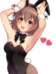  animal_ears armpits arms_up bangs black_bow black_bowtie black_leotard blush bow bowtie breasts brown_eyes brown_hair bunny_pose cleavage commentary_request detached_collar eyebrows fake_animal_ears fake_tail fishnet_legwear fishnets hair_between_eyes heart highres idolmaster idolmaster_cinderella_girls kita_hinako leotard looking_at_viewer medium_breasts open_mouth playboy_bunny pmoufu rabbit_ears rabbit_tail short_hair smile solo tail white_background wrist_cuffs 