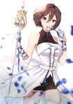  1girl blue_petals brown_eyes brown_hair dress hair_ornament highres holding holding_scepter holding_staff meiko meikopia mouth_hold petals ribbon ribbon_in_mouth scepter short_hair shorts smile solo staff thighhighs vocaloid yen-mi 