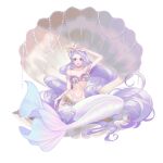  1girl barbie_(franchise) bare_shoulders belt bikini blue_eyes bra breasts clam clam_shell cleavage coral coral_hair_ornament earrings fins gem gold_belt hair_ornament hand_in_own_hair highres jewelry light_purple_hair medium_breasts mermaid monster_girl navel okitafuji pearl_(gemstone) pinup_(style) purple_hair scales shell shell_bikini shiny sitting swimsuit underwear white_background white_tail 