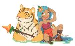  1girl bare_shoulders blue_hair breasts cleavage closed_mouth collarbone cookie_run dark-skinned_female dark_skin eyebrows_visible_through_hair facial_mark flower hair_flower hair_ornament large_breasts long_hair looking_at_viewer open_mouth pagom rayrie red_eyes smile thick_thighs thighs tiger tiger_lily_cookie very_long_hair 