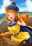  1girl absurdres alena_(dq4) atarime_(atarimemakaron) blush breasts cape closed_eyes cloud curly_hair dragon_quest dragon_quest_iv dress earrings gloves hat highres jewelry long_hair open_mouth orange_hair pantyhose skirt smile solo 