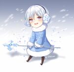  1other androgynous bangs blue_dress blush cookie_run dress earmuffs fur-trimmed_dress fur-trimmed_sleeves fur_trim gloves k_(shinya90) long_sleeves looking_at_viewer lowres mittens other_focus short_hair sitting snow snow_sugar_cookie snowflakes solo sparkle staff white_dress white_eyes white_gloves white_hair 