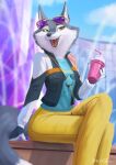  anthro beverage bottomwear canid canine canis clothing crystal daniel_tibana eyewear eyewear_on_head hi_res hotel illumination_entertainment jacket male mammal outside pants porsha_crystal shirt sing_(movie) sitting slushie solo sunglasses sunglasses_on_head topwear wolf 