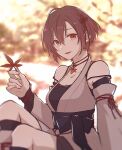  1girl autumn autumn_leaves brown_eyes brown_hair detached_sleeves holding holding_leaf japanese_clothes jewelry leaf looking_at_viewer meiko necklace short_hair smile solo tsugai_kogarashi_(vocaloid) vocaloid xxxxxxxxxlr 