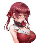  1girl blush breasts brooch choker cleavage commentary_request frilled_choker frills hair_ribbon henshako heterochromia highres hololive houshou_marine jewelry large_breasts red_hair red_ribbon ribbon simple_background sleeveless sleeveless_jacket solo twintails upper_body virtual_youtuber white_background 