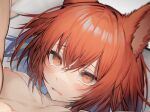  1girl animal_ears arknights blush breasts close-up cropped flametail_(arknights) hair_between_eyes heart heart_in_mouth highres looking_at_viewer nipples nude open_mouth orange_eyes paid_reward portrait red_hair short_hair small_breasts solo squirrel_ears tab_head 