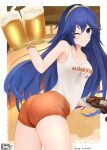  1girl alcohol alternate_costume ass beer beer_mug birthmark blue_eyes blue_hair breasts character_name cleavage collarbone commission cup fire_emblem fire_emblem_awakening highres hooters indoors looking_at_viewer looking_back lucina_(fire_emblem) medium_breasts mug one_eye_closed orange_shorts ryuusaki_rei shirt short_shorts shorts signature skeb_commission sleeveless sleeveless_shirt smile solo tank_top tiara tight twitter_username white_shirt 