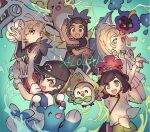  2girls 3boys :d ahoge alolan_raichu bag bangs beanie blonde_hair bracelet brionne cd closed_mouth commentary_request cosmog elio_(pokemon) gladion_(pokemon) green_shorts hands_up hat hau_(pokemon) high_ponytail holding hood hood_down hoodie huan_li jewelry lillie_(pokemon) multiple_boys multiple_girls open_mouth pleated_skirt pokemon pokemon_(creature) pokemon_(game) pokemon_sm pose red_headwear rowlet selene_(pokemon) shirt short_hair short_sleeves shorts silvally skirt smile tied_shirt tongue white_shirt white_skirt z-ring 