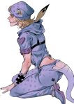  1boy 2boys blonde_hair blue_eyes cracked_skin glasgow_smile hat highres horseshoe johnny_joestar jojo_no_kimyou_na_bouken kneeling male_focus midriff multiple_boys pants profile puppetjackmj scary_monsters_(stand) solo spurs stand_(jojo) star_(symbol) star_print steel_ball_run tail torn_clothes torn_pants wristband 