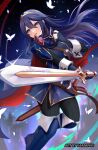  1girl bangs blue_eyes blue_hair blush bug butterfly cape falchion_(fire_emblem) fingerless_gloves fire_emblem fire_emblem_awakening gloves hair_between_eyes highres kamaniki long_hair looking_at_viewer lucina_(fire_emblem) simple_background smile solo sword tiara weapon 