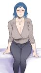  1girl absurdres arm_support bed black_beat blue_hair breasts cleavage denim green_eyes gundam gundam_build_fighters highres iori_rinko jeans jewelry large_breasts mature_female necklace pants ribbed_sweater short_hair sitting sweater white_background 