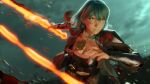  1girl 3d arm_guards blender_(medium) blood blood_on_face blue_hair breasts byleth_(fire_emblem) byleth_(fire_emblem)_(female) cleavage fire_emblem fire_emblem:_three_houses glowing glowing_sword glowing_weapon highres j9006 large_breasts medium_hair motion_blur serious solo sword_of_the_creator upper_body weapon whip_sword 