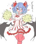  1girl alternate_costume blue_hair blush bow cheering cheerleader cross ei_tantan frills hair_bow highres navel pom_pom_(cheerleading) remilia_scarlet shirt short_hair short_sleeves simple_background skirt solo suspenders thighhighs touhou white_background white_shirt wings 