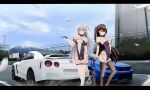  2girls absurdres azur_lane bird car fence ground_vehicle highres incredibly_absurdres kcar66t long_hair looking_at_viewer motor_vehicle mountain multiple_girls nissan nissan_gt-r official_alternate_costume product_placement race_queen racetrack shoukaku_(azur_lane) shoukaku_(sororal_wings)_(azur_lane) thighhighs zuikaku_(azur_lane) zuikaku_(the_wind&#039;s_true_name)_(azur_lane) 