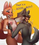  2022 anthro areola blush breast_lick breast_play breasts canid canine canis dialogue diane_foxington digital_media_(artwork) dreamworks duo english_text female fox fur genitals hi_res inner_ear_fluff licking luryry male male/female mammal mr._wolf_(the_bad_guys) nipple_fetish nipple_lick nipple_play nipples nude pussy small_breasts sucking text the_bad_guys tongue tongue_out tuft wolf 