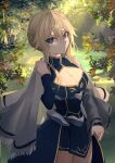  1girl ahoge armor artoria_pendragon_(fate) artoria_pendragon_(lancer)_(fate) bangs blonde_hair blue_eyes braid breasts cleavage cloak closed_mouth dress eyebrows_visible_through_hair fate/grand_order fate_(series) forest french_braid hair_between_eyes highres kaze_minoru_so-ru large_breasts leaf long_sleeves looking_at_viewer medium_hair nature sidelocks solo sunlight tree 