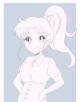  1girl bangs bishoujo_senshi_sailor_moon blue_background breasts chocomiru cleavage closed_mouth collarbone commentary crossed_arms earrings eyelashes hair_bobbles hair_ornament high_ponytail jewelry kino_makoto long_sleeves looking_at_viewer monochrome ponytail shirt sidelocks signature simple_background sketch smile solo unfinished upper_body 