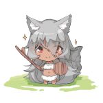  1girl absurdly_long_hair animal_ear_fluff animal_ears bangs bare_shoulders barefoot buckler chibi closed_mouth commentary_request dark-skinned_female dark_skin eyebrows_visible_through_hair eyes_visible_through_hair fox_ears fox_girl fox_tail full_body fur_bikini grey_hair hair_over_one_eye highres holding holding_stick long_hair looking_at_viewer navel original red_eyes shield smile solo standing stick tail very_long_hair white_background yuuji_(yukimimi) 