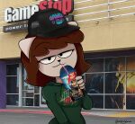  2000s 2021 a_kitty_bobo_show anthro astralgloom baseball_cap beverage brown_hair clothing domestic_cat felid feline felis female fur gamestop hair halo_(series) hat headgear headwear hi_res hoodie maggie_(kitty_bobo) mammal microsoft mountain_dew photo_background solo tan_body tan_fur topwear video_games xbox_game_studios 