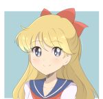  1girl aino_minako arms_behind_back bangs bishoujo_senshi_sailor_moon blonde_hair blouse blue_background blue_eyes blue_sailor_collar bow chocomiru collarbone commentary eyebrows_visible_through_hair full_body hair_bow light_blush long_hair long_sleeves looking_at_viewer neckerchief red_bow red_neckerchief sailor_collar school_uniform serafuku shiba_koen_middle_school_uniform shirt simple_background skirt smile solo symbol-only_commentary very_long_hair 