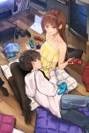  1boy 1girl bare_arms bare_shoulders bedroom black-framed_eyewear black_legwear breasts brown_eyes brown_hair collarbone commentary controller dress eyebrows_visible_through_hair feet fingernails full_body game_console game_controller glasses highres holding holding_controller holding_eyewear indoors lap_pillow long_hair nintendo_switch no_shoes original pantyhose pillow sitting skirt soles television thighhighs yellow_dress yewang19 