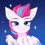  big_ears blue_eyes chest_tuft equid equine eyelashes feathered_wings feathers female feral fur hair hasbro hi_res inner_ear_fluff mammal mlp_g5 my_little_pony pegasus pesty_skillengton pink_hair smile solo tuft white_body white_fur wings zipp_storm_(mlp) 