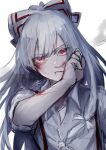  1girl bangs blood blood_from_mouth blood_on_arm blood_on_face bow collared_shirt commentary fujiwara_no_mokou hair_bow highres long_hair looking_at_viewer nosebleed red_eyes rokuya_(68_zusao) shirt signature solo suspenders touhou upper_body v-shaped_eyebrows white_bow white_hair white_shirt wiping_mouth 