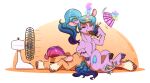  blue_hair bodily_fluids cloven_hooves cutie_mark electric_fan equid equine eyes_closed food gradient_hair hair hand_fan hasbro hi_res hooves horn inuhoshi-to-darkpen izzy_moonbow_(mlp) lying mammal mlp_g5 my_little_pony on_front ponytail popsicle sunny_starscout_(mlp) sweat unicorn 