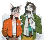  anthro bearded_collie canid canine canis digital_drawing_(artwork) digital_media_(artwork) disco_elysium domestic_cat domestic_dog duo eyewear facial_hair felid feline felis fur glasses hairless hairless_cat harrier_du_bois herding_dog kim_kitsuragi male mammal mustache ozimono pastoral_dog round_glasses snow sphynx_(cat) video_games white_body white_fur 