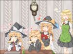  4girls apron azusa_(cookie) bangs black_coat black_headwear black_vest blonde_hair blush bow bowtie braid brown_eyes chikuwa clock closed_eyes coat commentary_request cookie_(touhou) crossed_bangs food food_in_mouth frilled_hat frills gloves green_apron green_eyes haiperion_buzan hair_between_eyes hand_on_another&#039;s_head hat heart highres keyboard_(computer) kirisame_marisa kit-cat_clock long_hair long_sleeves manatsu_no_yo_no_inmu mars_(cookie) miura_cat monitor multiple_girls open_mouth partially_fingerless_gloves red_bow red_bowtie red_scarf rei_(cookie) scarf shirt side_braid single_braid smile table touhou translation_request turtleneck upper_body uzuki_(cookie) vest white_bow white_shirt witch_hat yellow_eyes 