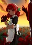  1girl absurdres apron black_dress blush bow cloud cookie_run dress flower hair_ornament hair_up highres holding holding_flower leaf_hair_ornament maid_apron medium_hair outdoors pomegranate_cookie red_eyes red_hair short_sleeves sugarkurage sunset white_bow 