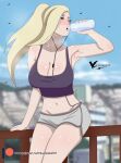  1girl absurdres agung911 armpits blonde_hair blue_sky blurry blurry_background blush bottle breasts cleavage drinking earbuds earphones exercise green_eyes hair_blowing highres holding holding_bottle jogging large_breasts long_hair mountain naruto naruto_(series) navel on_railing outdoors patreon_username ponytail purple_tank_top short_shorts shorts signature sky sweat tank_top thighs water_bottle wind yamanaka_ino 