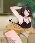  1girl absurdres agung911 arm_behind_head arm_up armpits ass bare_legs bare_shoulders bent_over black_hair blush breasts cleavage collarbone corset couch furniture hair_between_eyes highres hyuuga_hanabi indoors large_breasts looking_at_viewer naruto naruto_(series) on_couch open_mouth parted_lips patreon_username plant potted_plant purple_eyes shiny shiny_skin signature sitting steam steaming_body sweat thighs underwear 