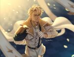  1boy arm_behind_back ascot belt blonde_hair cape clotted_cream_cookie cookie_run gloves green_eyes highres male_focus solo standing white_ascot white_cape white_gloves yaosan233 